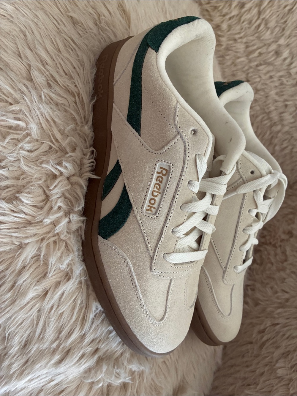 Reebok Cream Suede Sneakers with Dark Green Accents and Gum Sole